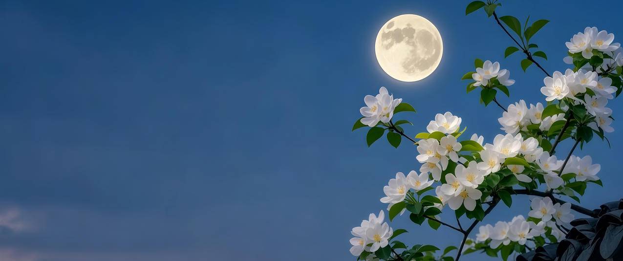 围墙 夜空 月亮 海棠花 3440x1440带鱼屏壁纸