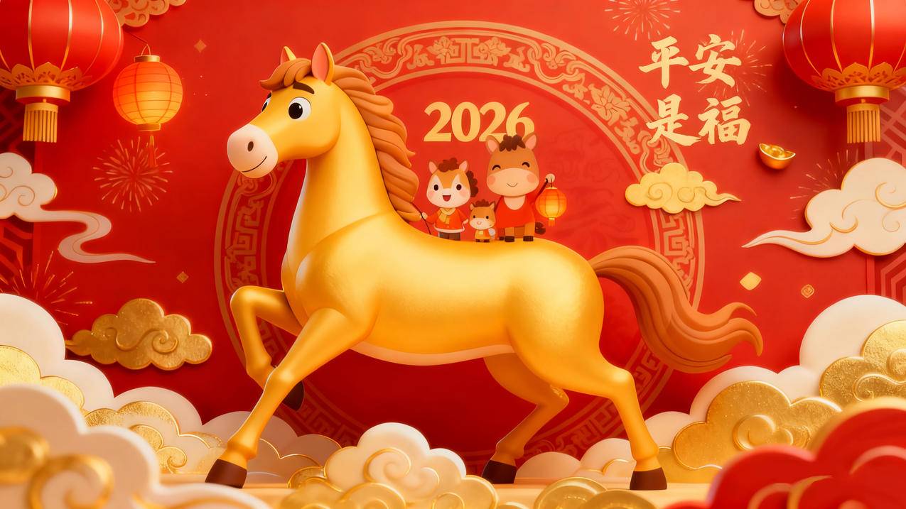 2026年平安是福 金色的马图片 红色新年喜庆背景4k壁纸