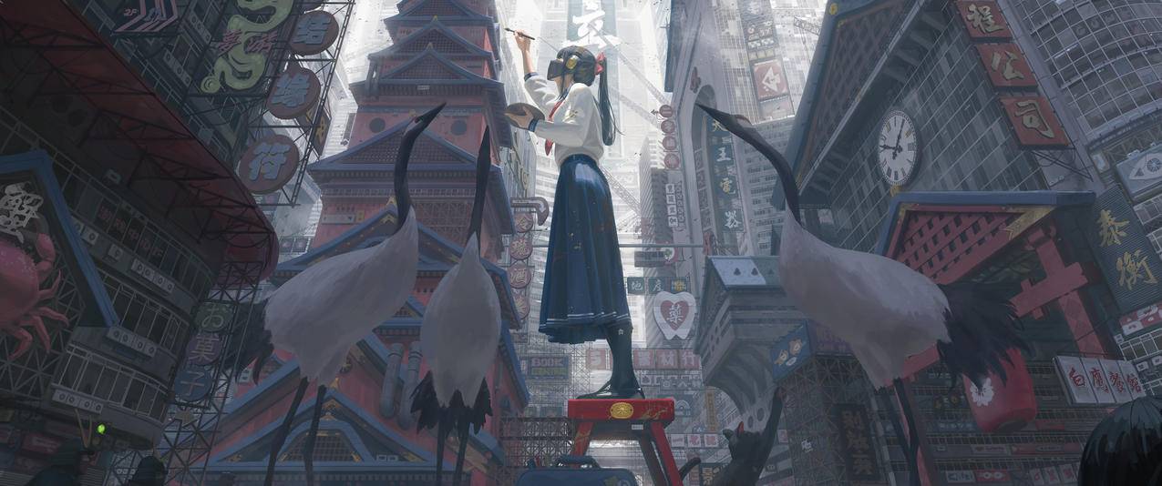 女孩 绘画 仙鹤 行人 街景 3440x1440带鱼屏动漫壁纸