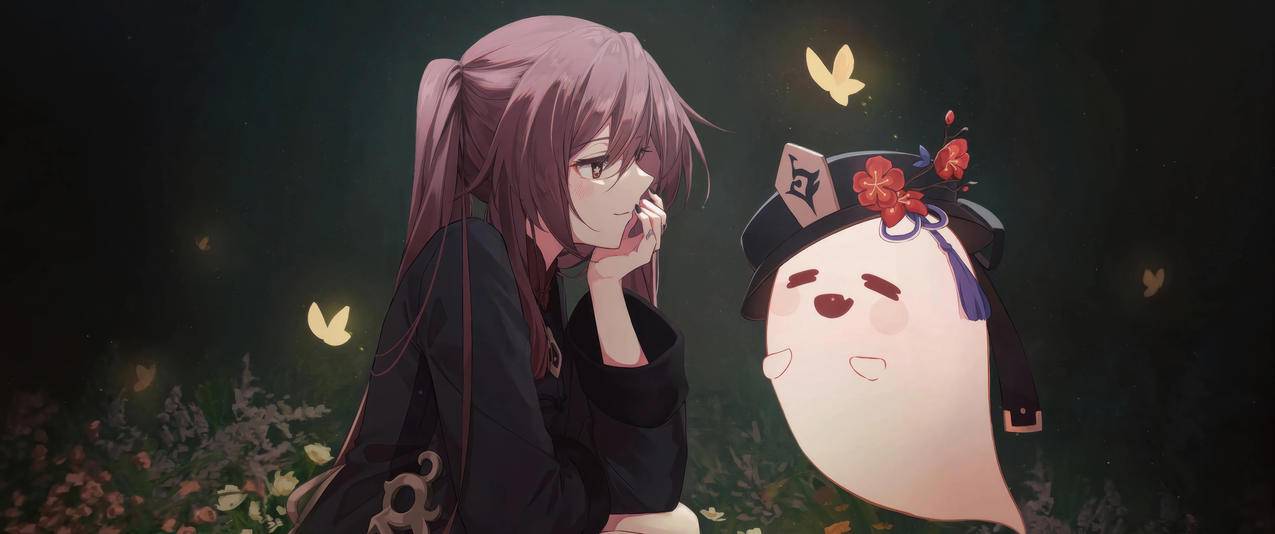 原神胡桃 小幽灵 蝴蝶 3440x1440带鱼屏壁纸