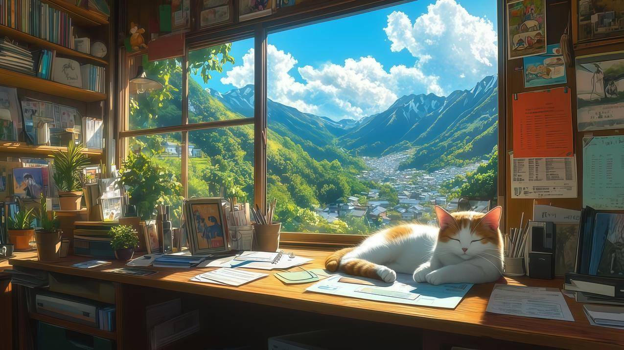 花猫 窗前 书桌 窗外风景 阳光 治愈系4K壁纸 3840x2160