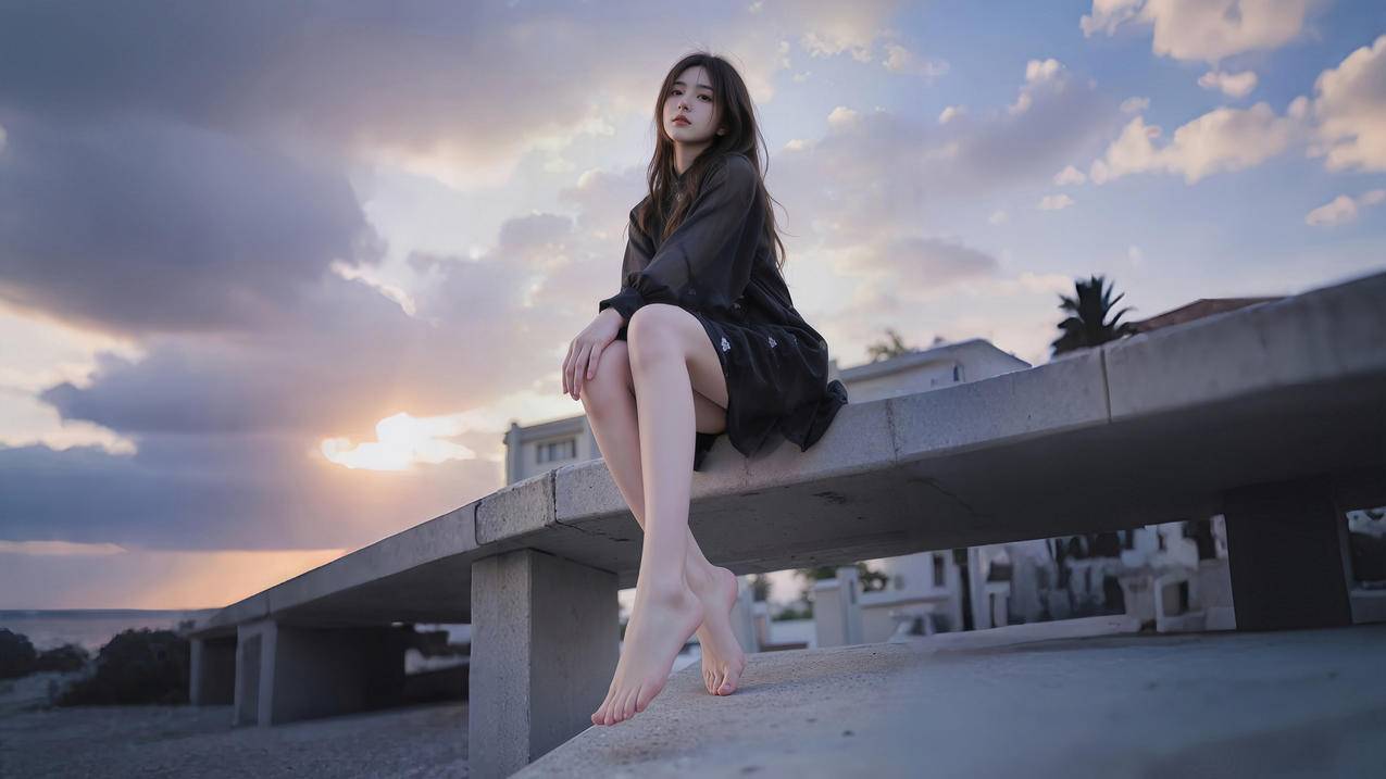 夕阳天空 美女仰拍 黑色连衣裙 4K壁纸 3840x2160