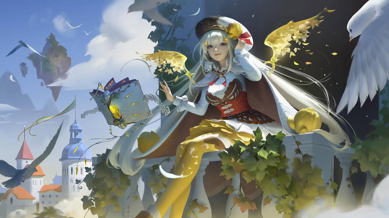 可爱魔法少女 白色长发 白鸽 魔法书 阳台 4K高清壁纸 4K手机壁纸