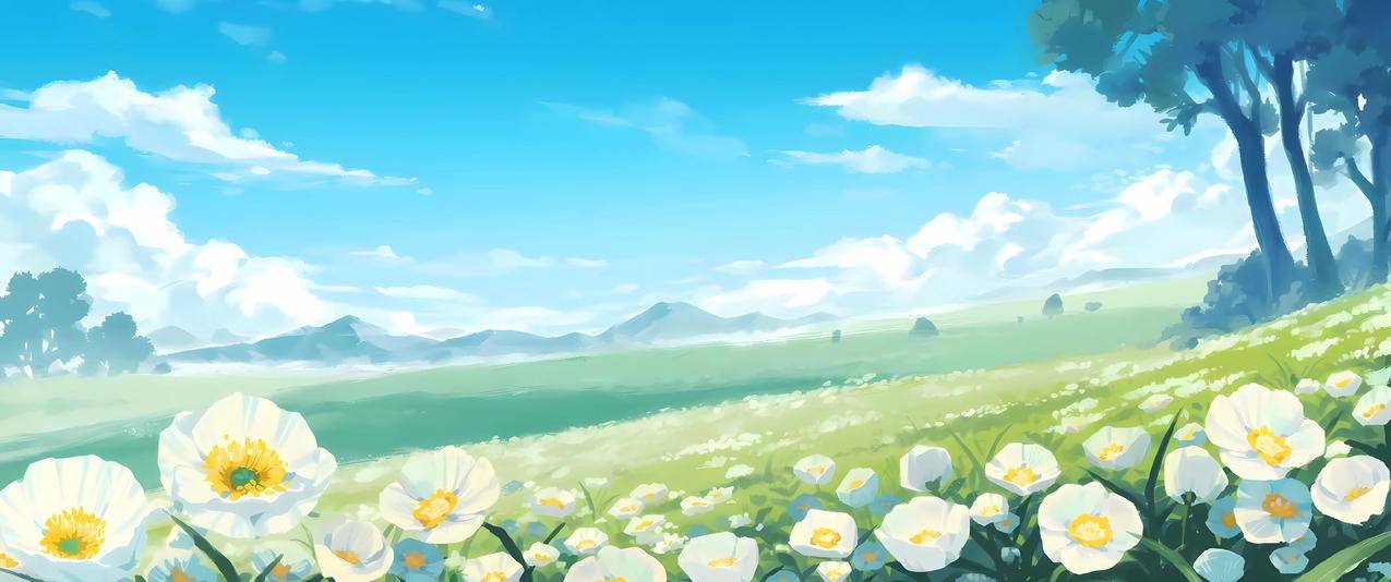 蓝天白云 花海 树 野外 3440x1440风景带鱼屏壁纸