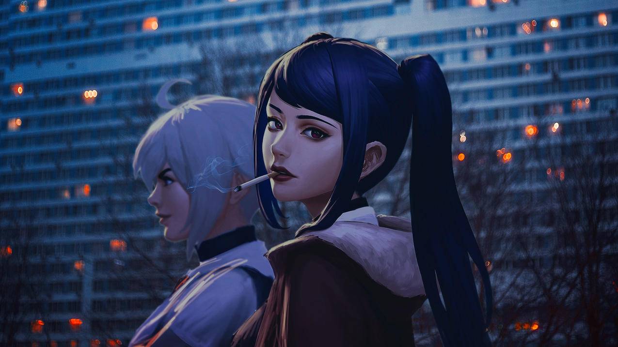 夜晚 高楼 灯光 树 双马尾女孩 白色短发女孩 烟 4K高清动漫壁纸