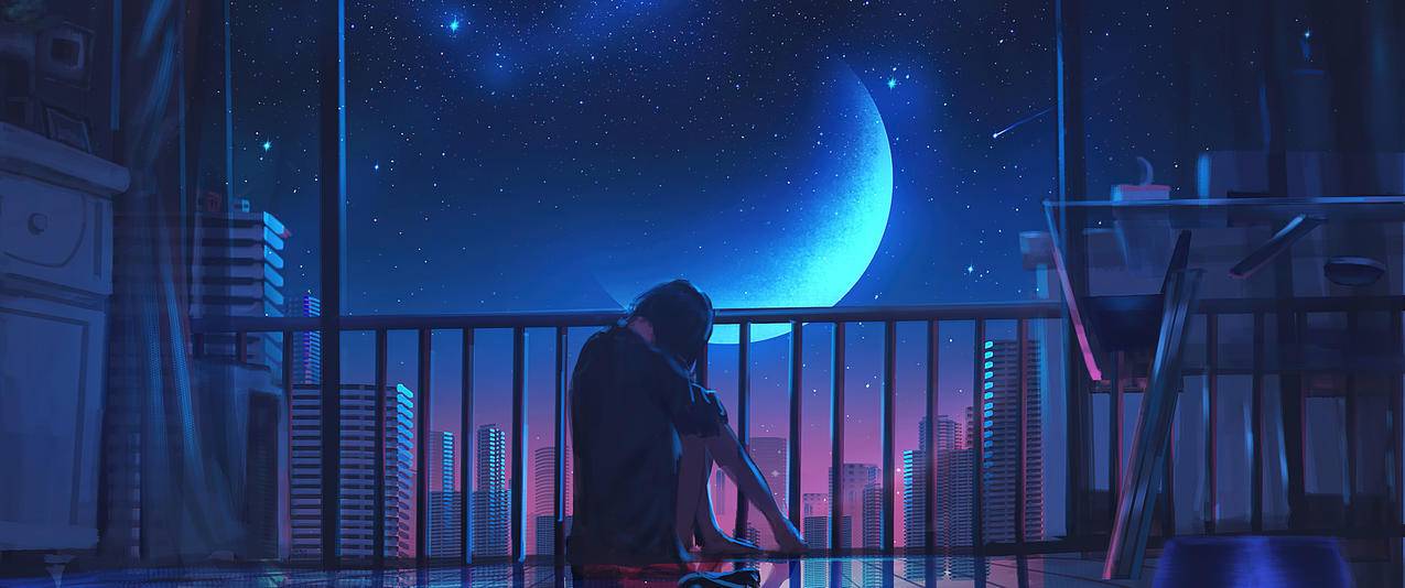 女孩短发 坐着 夜晚风景 星空 城市 月亮 星空 3440x1440带鱼屏壁纸