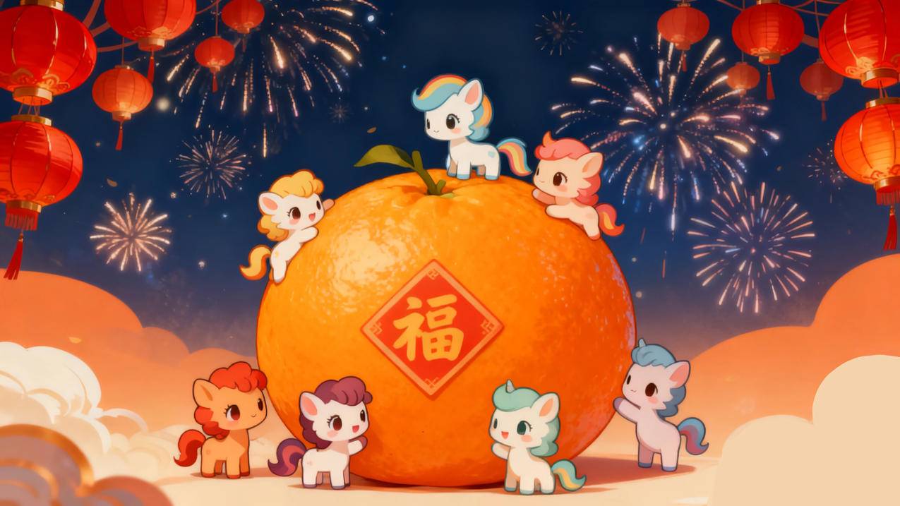 2026 可爱小马儿 桔子 福字 烟花 灯笼 喜庆4k电脑壁纸3840x2160