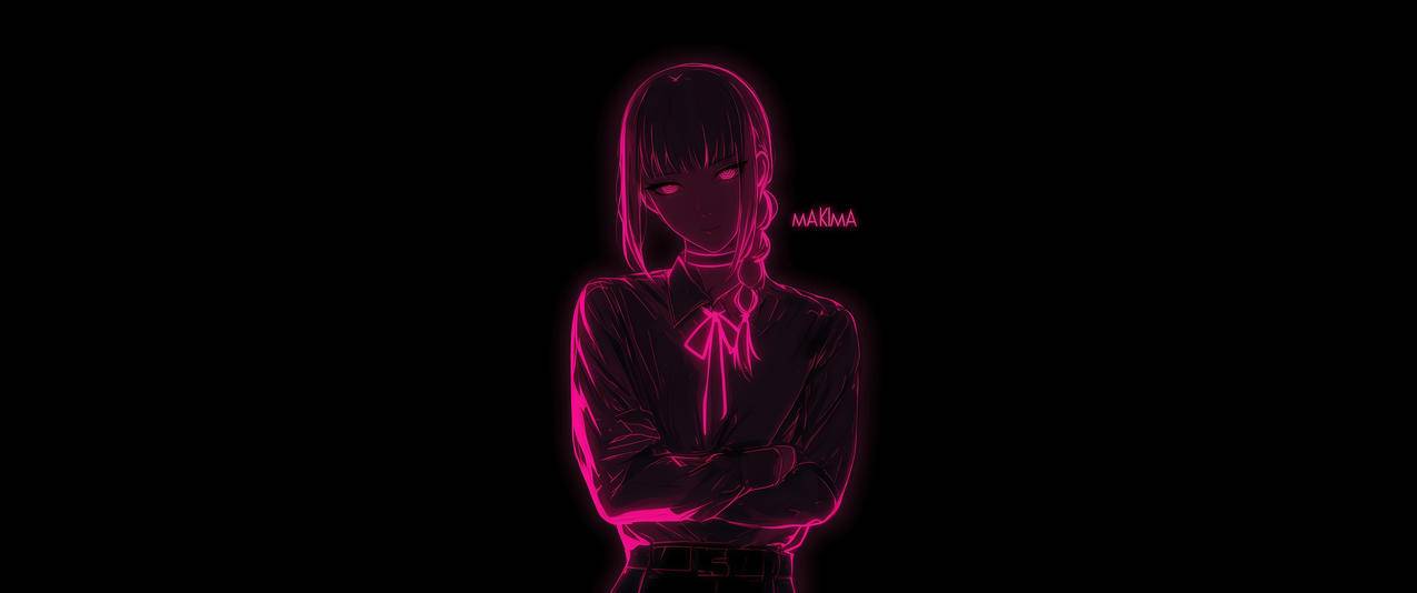 玛奇玛 电锯人 霓虹 黑色背景 3440x1440带鱼屏壁纸