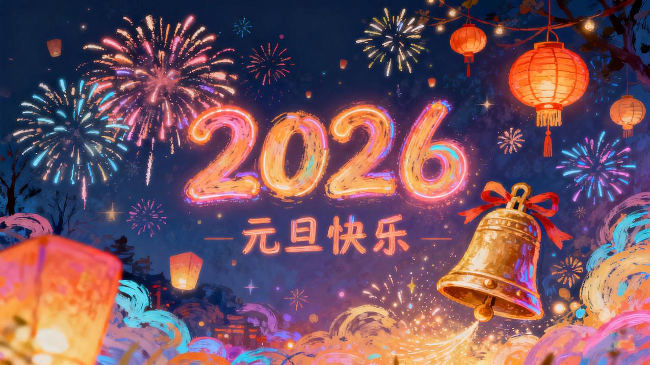 2026元旦快乐 烟花 灯笼 孔明灯 喜庆背景4k壁纸