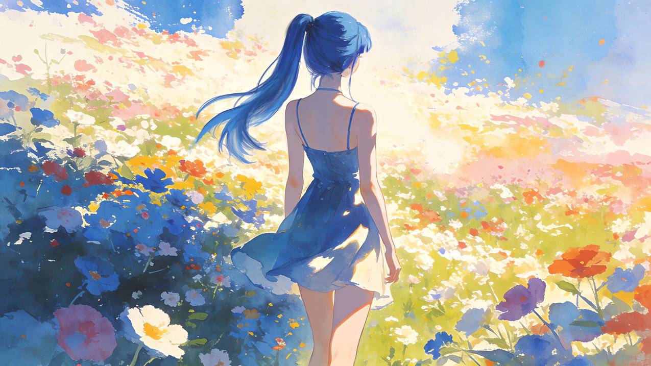 唯美少女背影 蓝色马尾辫 蓝色裙子 花海 4K壁纸