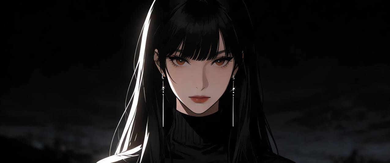 高冷气质黑色长发美女 黑色背景 3440x1440带鱼屏高清动漫壁纸