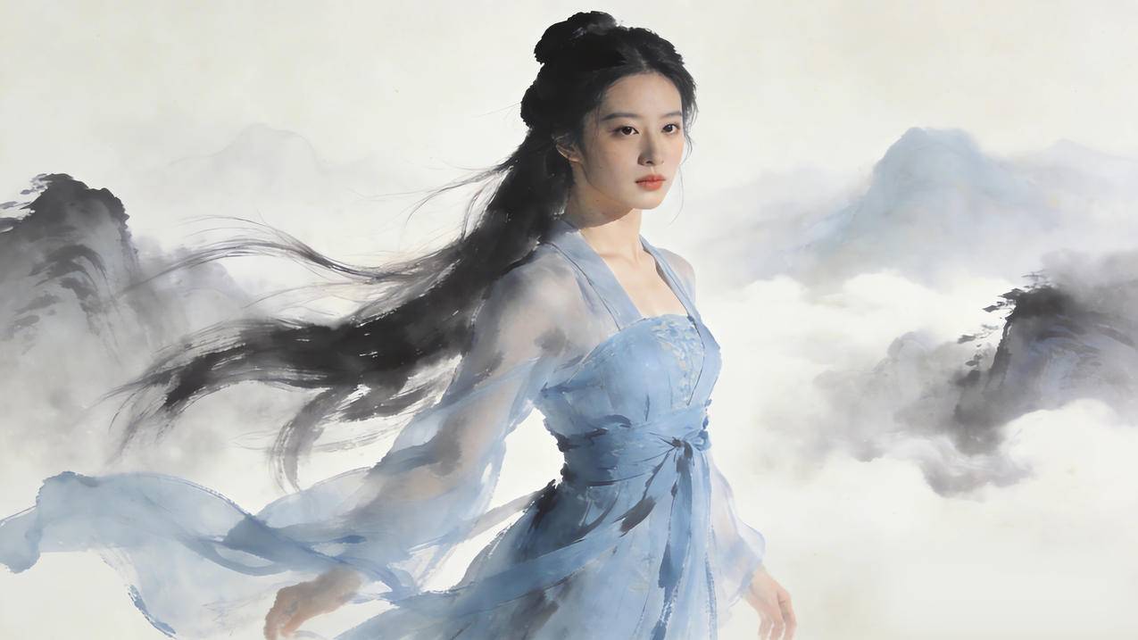 水墨风美女图 长发 蓝色裙子 古风 4K壁纸