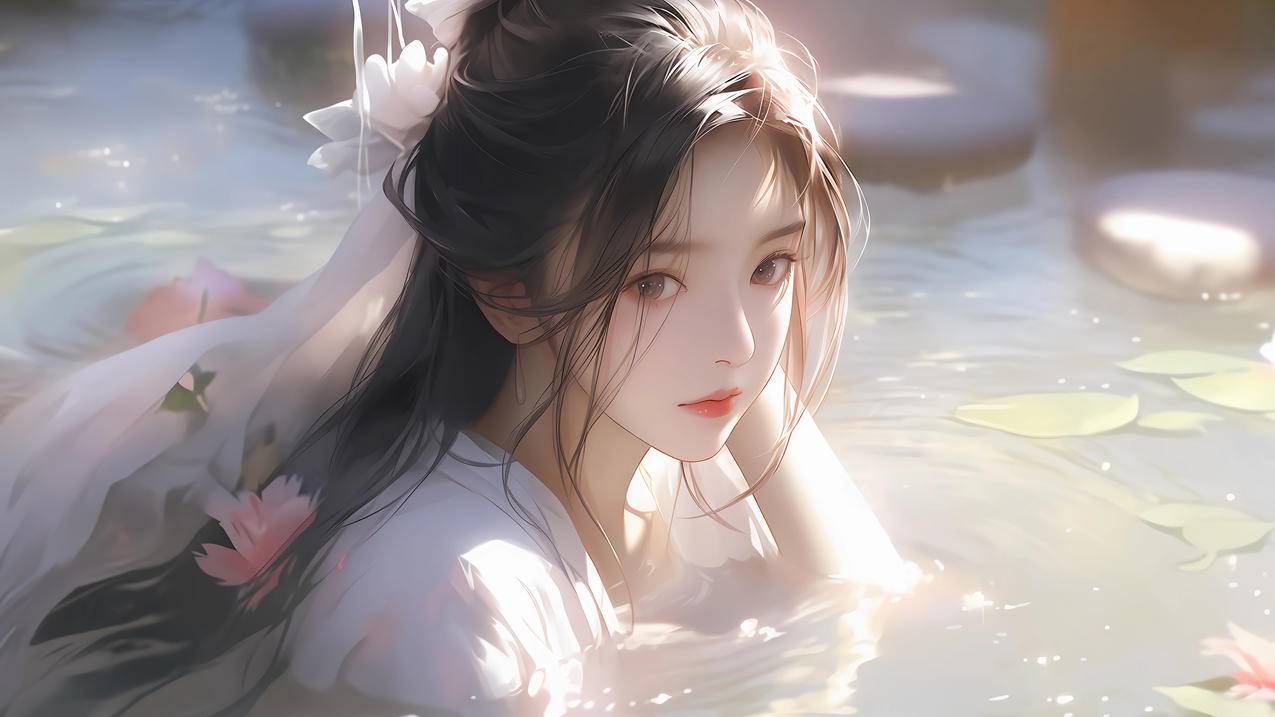 水中古风美女 花 唯美 4K壁纸 3840x2160