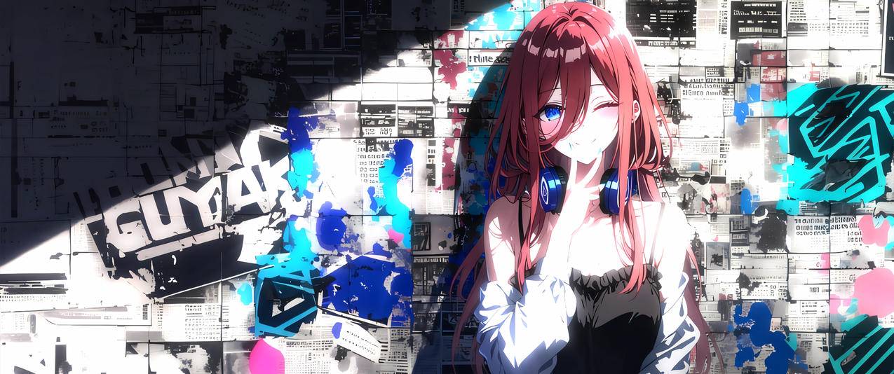 报纸墙 中野三玖 3440x1440带鱼屏动漫壁纸