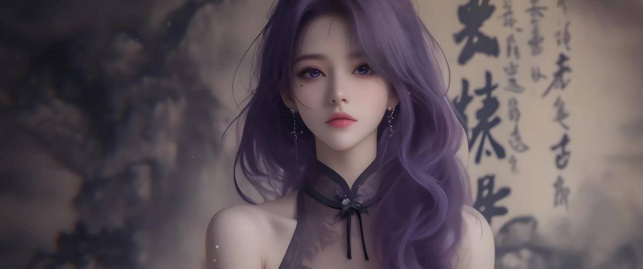 紫色长卷发古风古典美女3440x1440带鱼屏壁纸动漫
