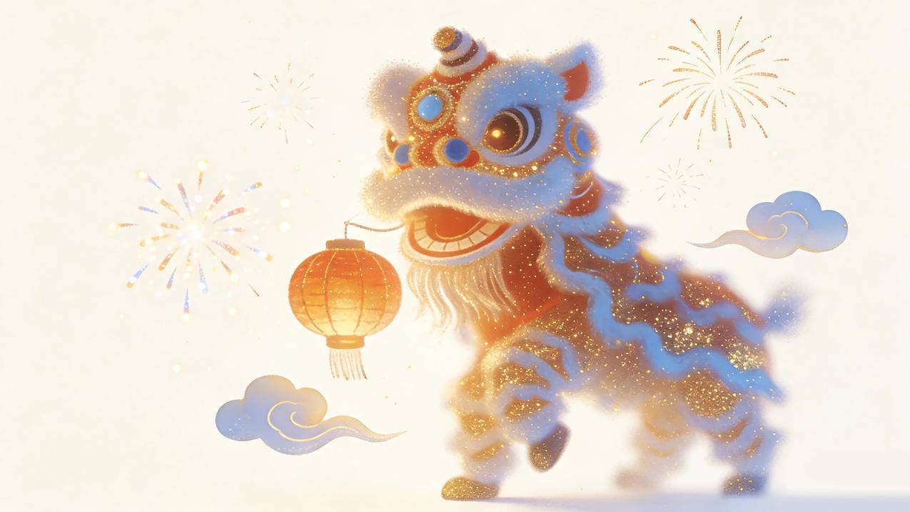 舞狮灯笼迎春4K壁纸3840x2160