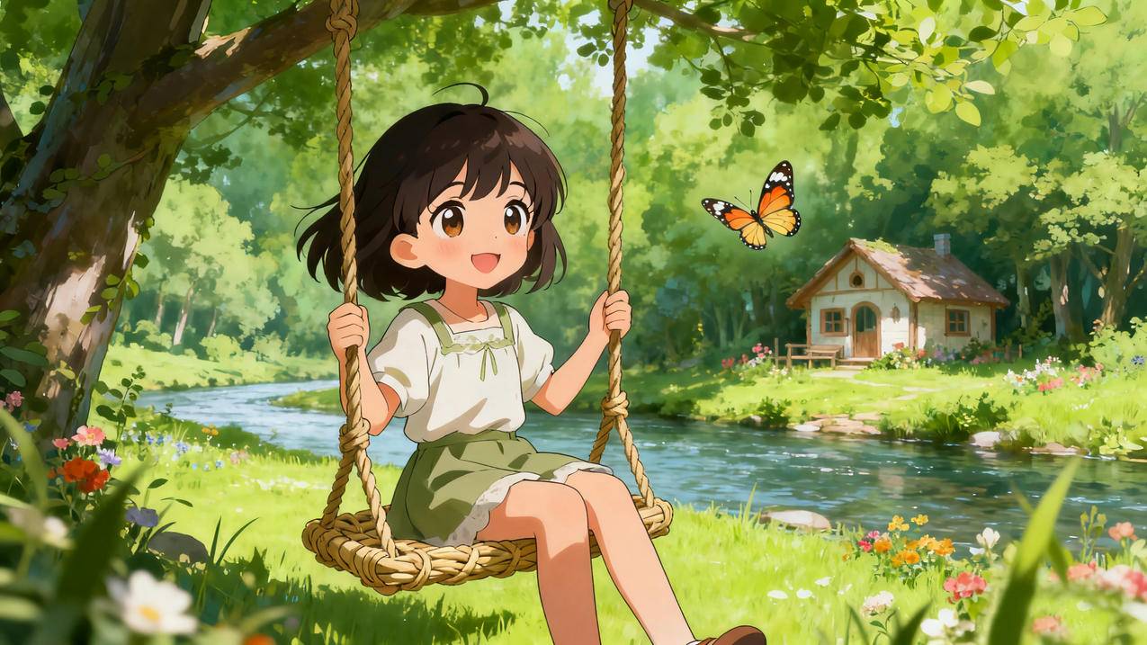 小女孩微笑地坐在挂藤上秋千4K壁纸3840x2160