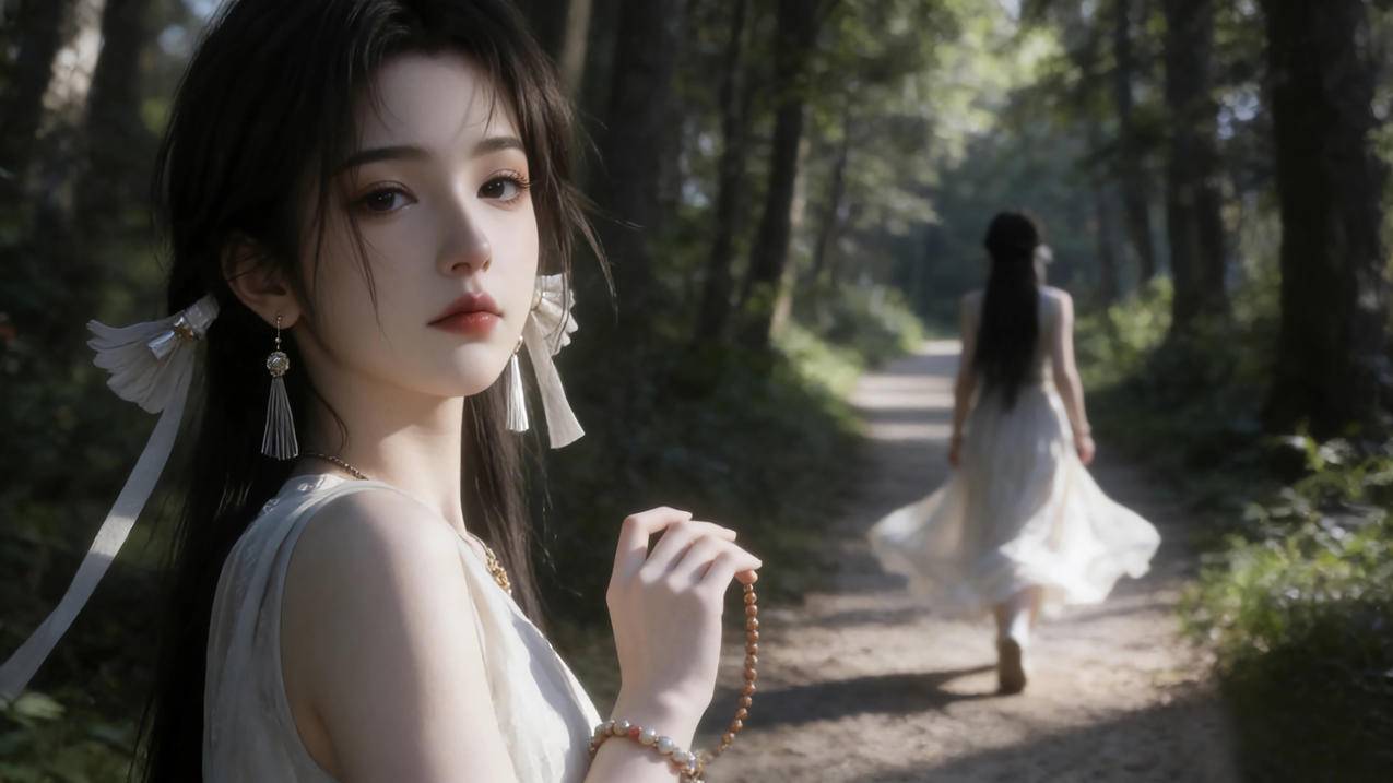 森林 小路 养眼白裙美女宋玉4K桌面壁纸