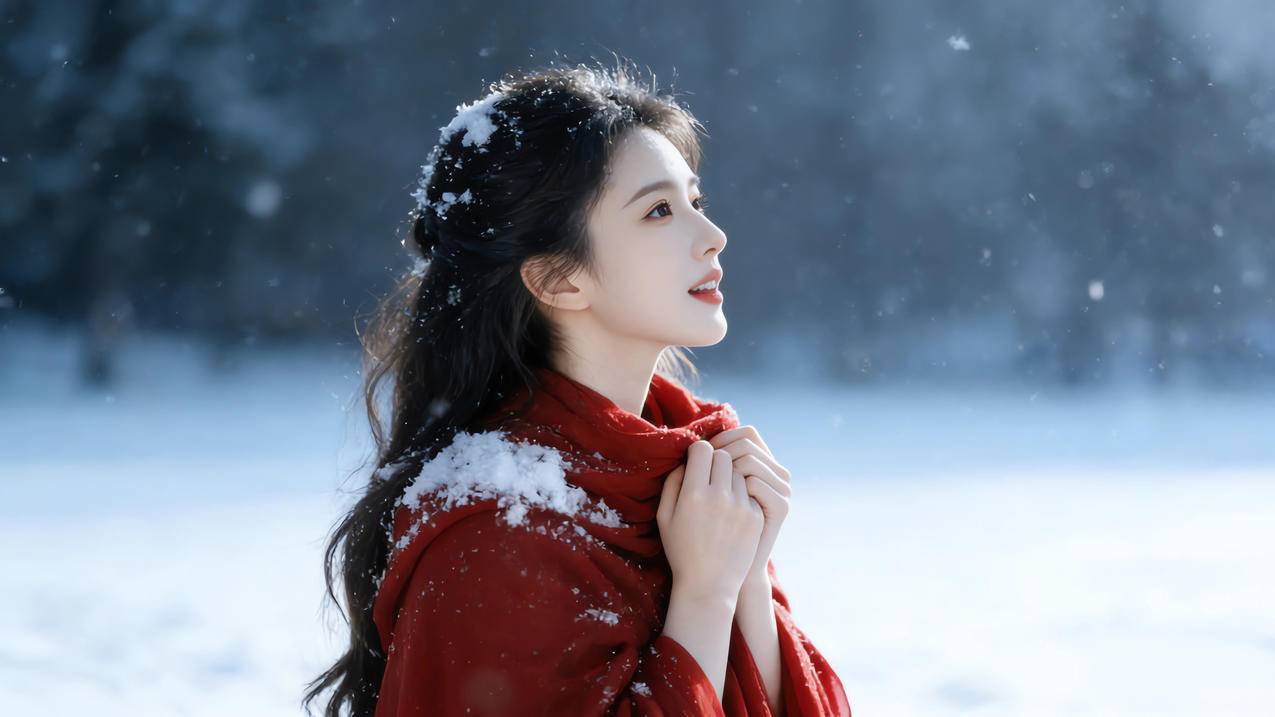 冬天雪景 红衣美女 侧脸 4k壁纸