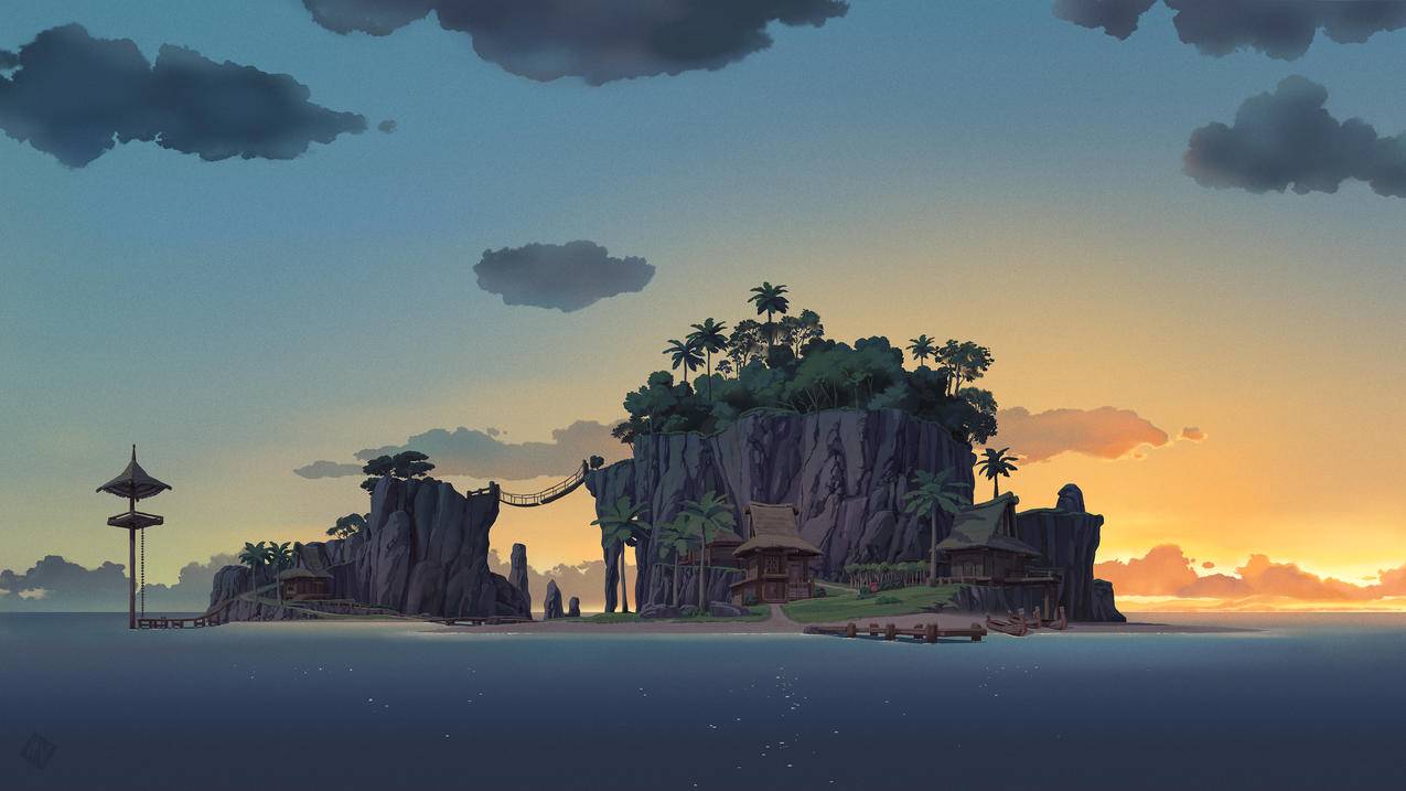 岛屿 大海 海滩 棕榈树 房子 云 插画 小岛日落风景4k壁纸
