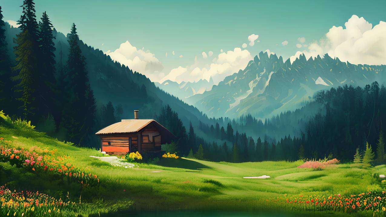  阿尔卑斯山 鲜花 小木屋 绿草地 森林 自然风景4K壁纸