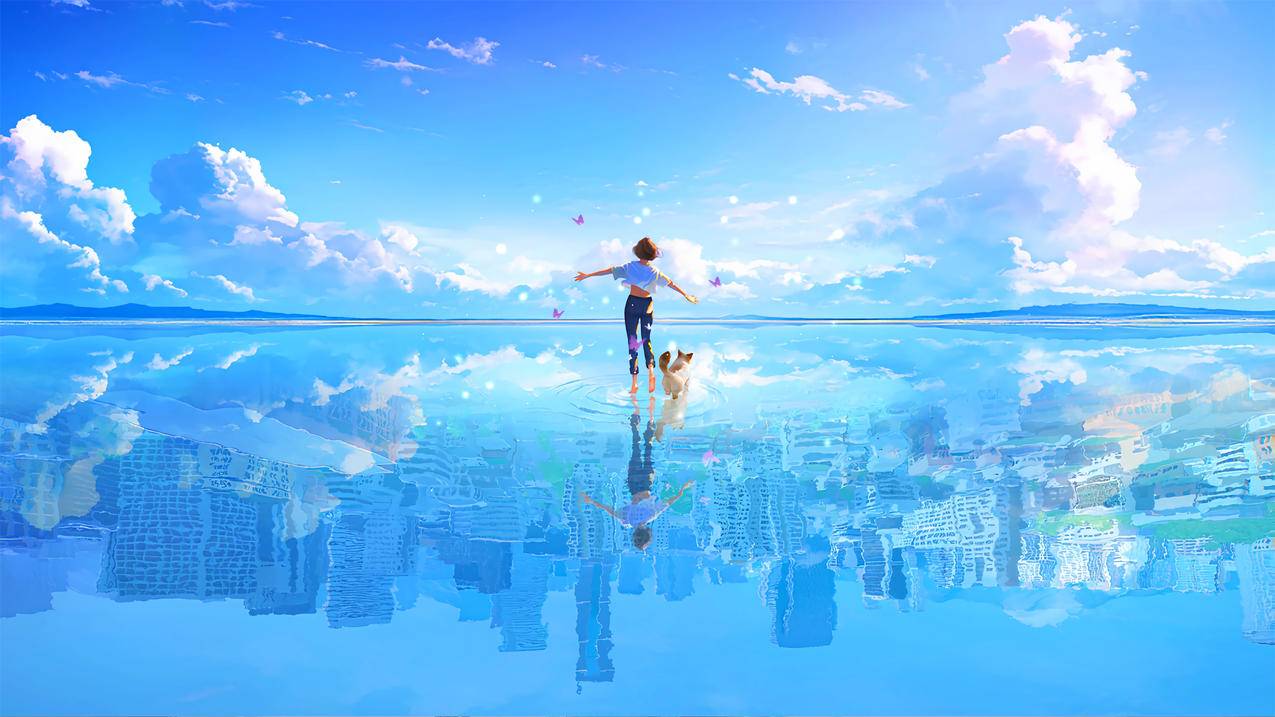 天空海水倒影风景 女孩和小狗背影 4K壁纸