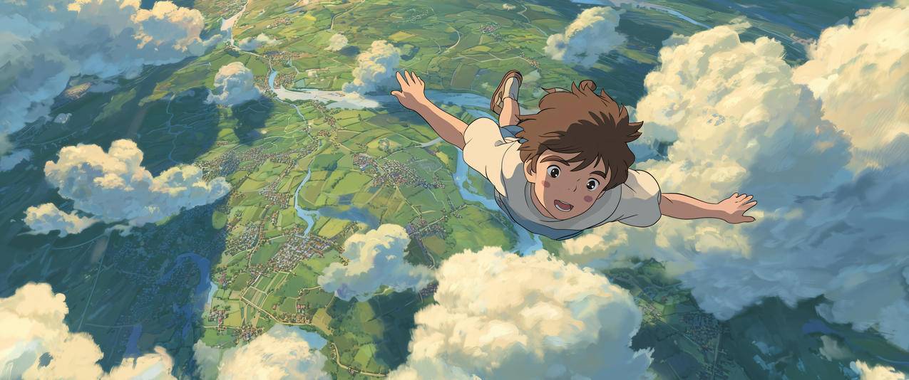 天空 云层 少年飞行 绿色大地 3440x1440带鱼屏壁纸