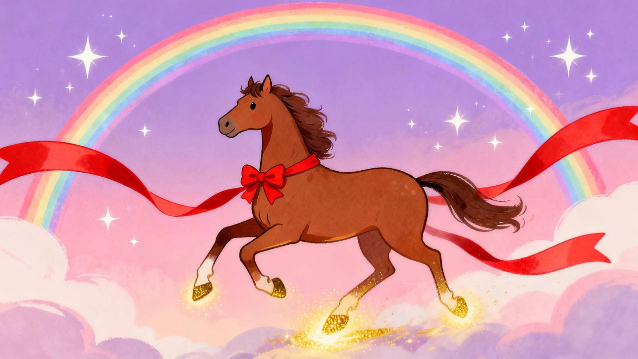 天空 星星 彩虹 马儿奔跑 红色彩带 4k壁纸图片