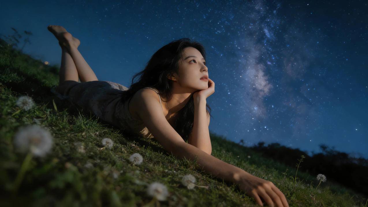 看星空的美女 绿草地 唯美 4k壁纸
