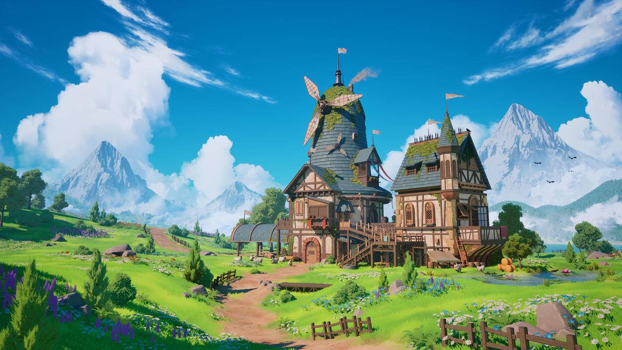 木屋 天空 云 草 房子 绘画 4K风景壁纸3840x2160