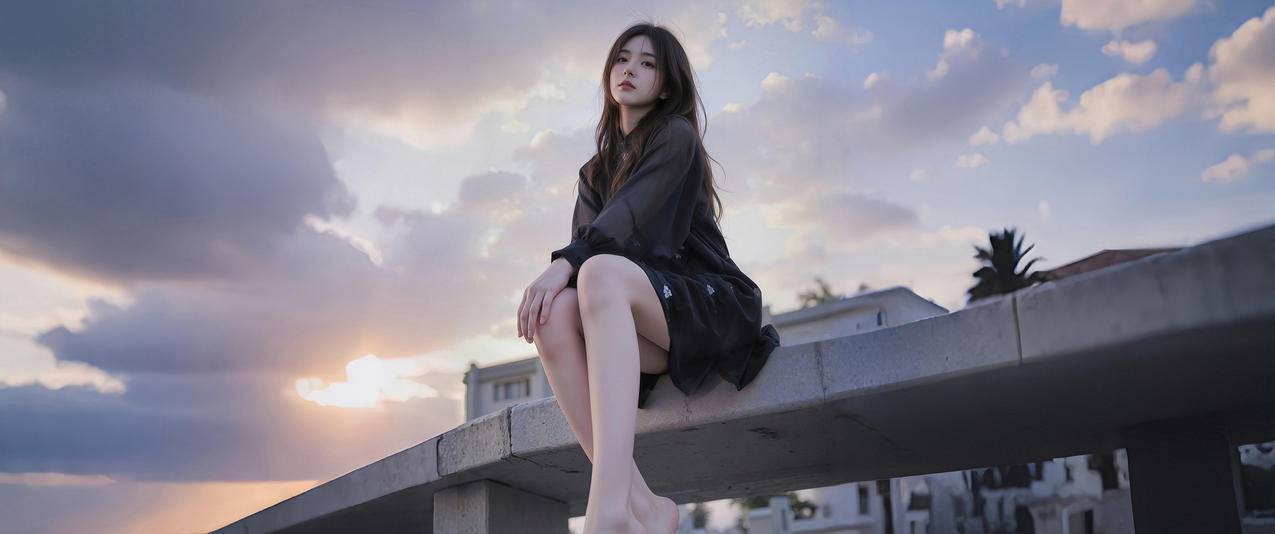 夕阳天空 美女仰拍 黑色连衣裙3440x1440带鱼屏壁纸