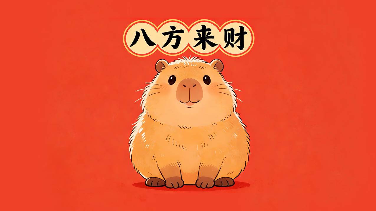 八方来财 卡皮巴拉 新年喜庆红色背景4K壁纸
