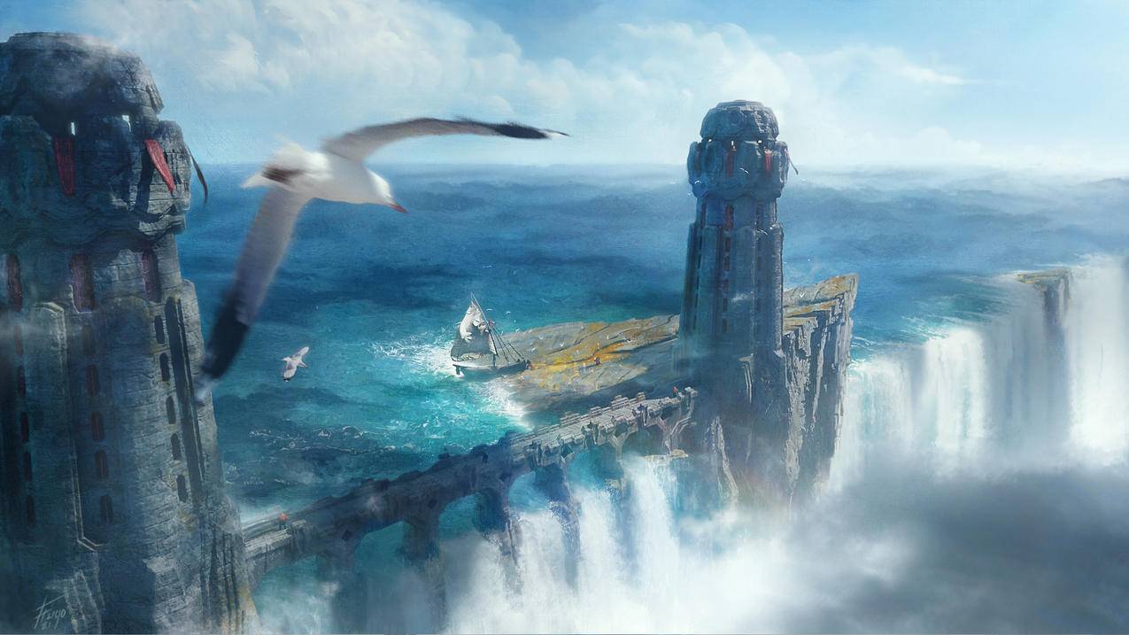 大海 帆船 瀑布 4K风景壁纸 3840x2160