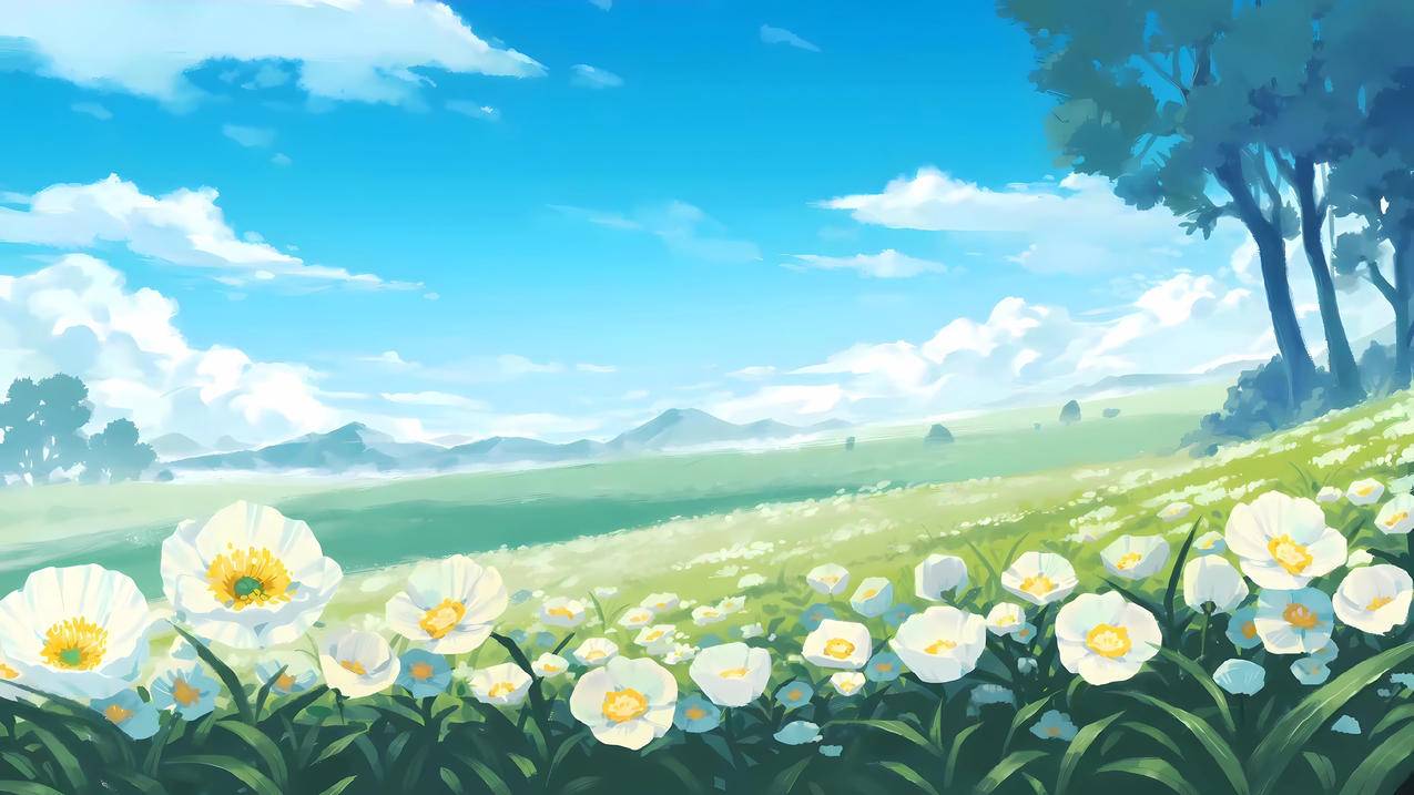 蓝天白云 花海 树 野外 4k风景壁纸 3840x2160