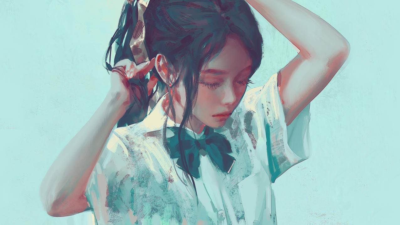 女孩 校服 衬衫 马尾辫 4K高清动漫壁纸