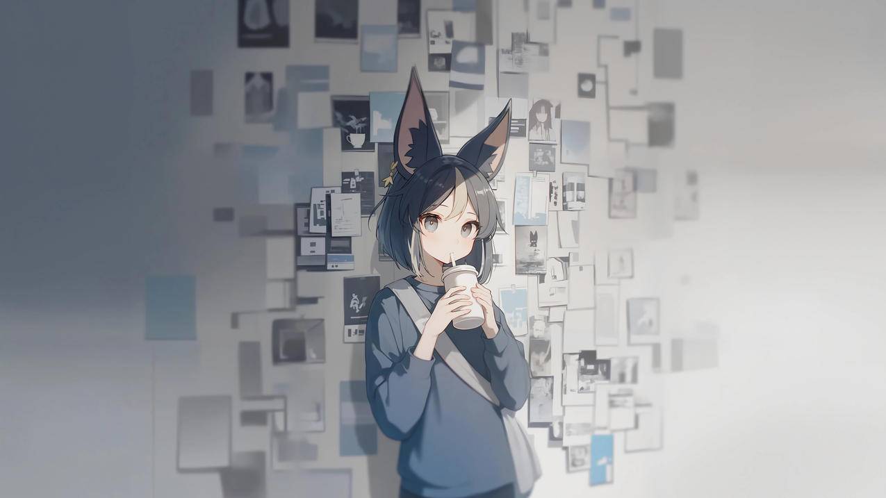 喝奶茶小女孩 兽耳 照片墙 4K动漫壁纸3840x2160