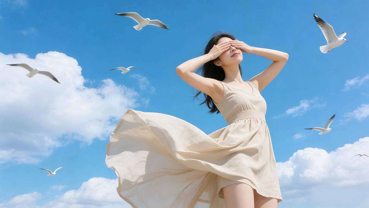 蓝天白云 鸟儿 阳光美女 双手蒙眼 4k壁纸