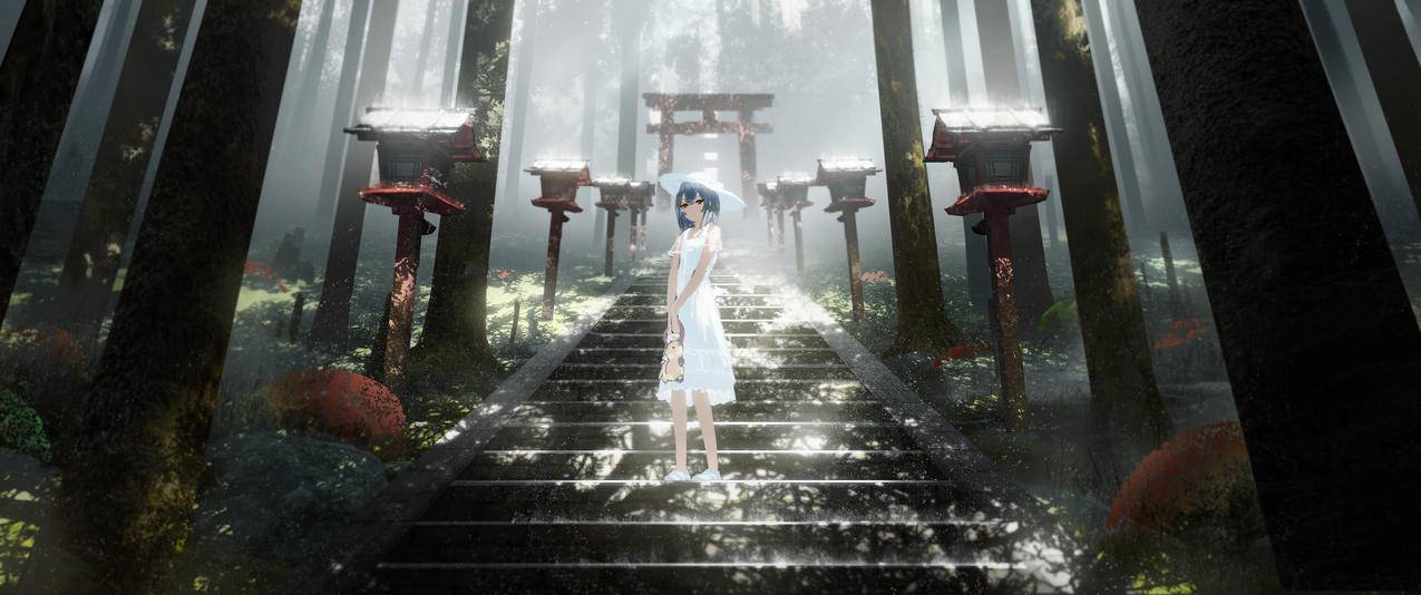 穿白色裙子女孩 台阶 夏天的森林风景3440x1440动漫壁纸