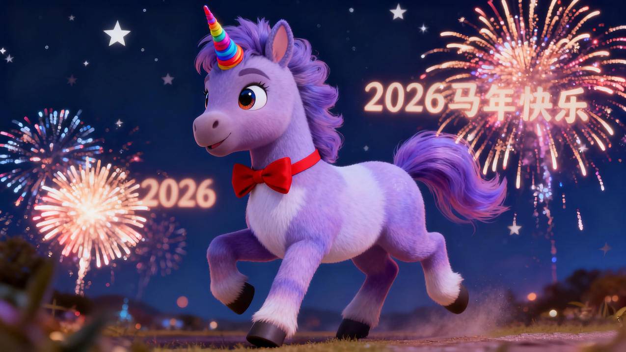 2026马年快乐 紫色小马儿 独角兽 夜晚烟花背景4K壁纸图片