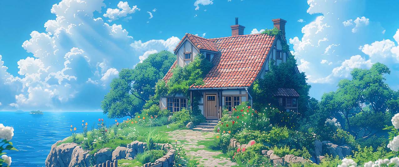 美丽的海边风景小屋3440*1440带鱼屏壁纸