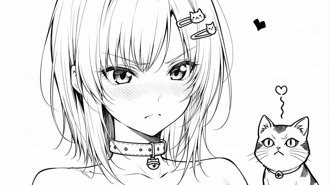 动漫女孩 黑白画线条画 4k壁纸