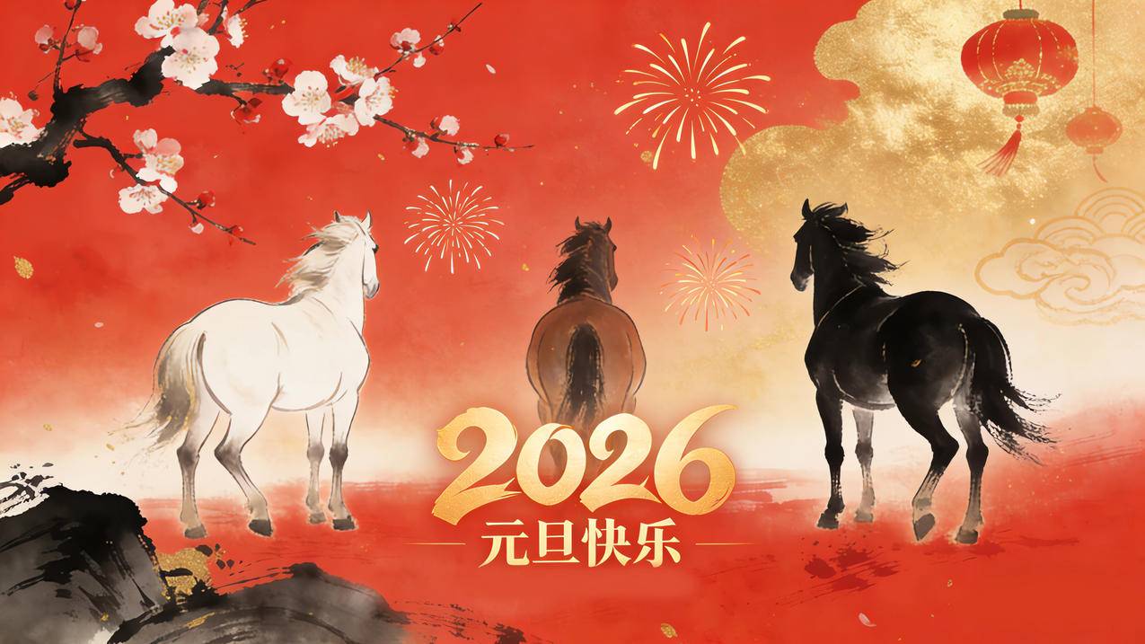 2026元旦快乐 三匹马 梅花 灯笼 4k壁纸