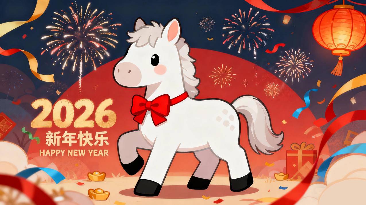 2026新年快乐 可爱小马 蝴蝶结 烟花 灯笼 元宝 4k壁纸