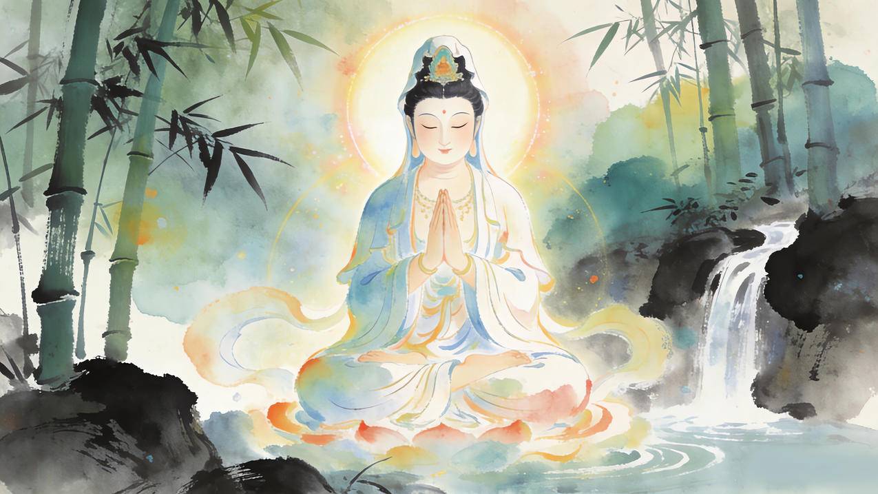 观音菩萨 竹林 瀑布 水墨风 4K电脑高清壁纸