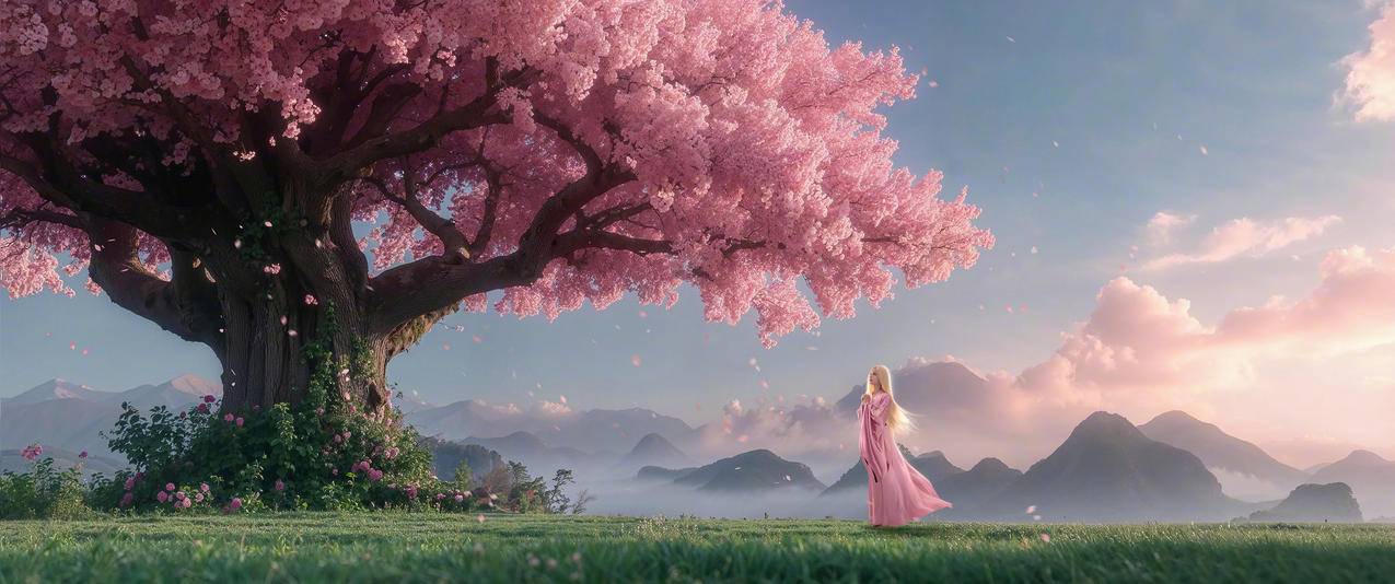 树 粉色的花 绿色草地 3440x1440带鱼屏风景壁纸