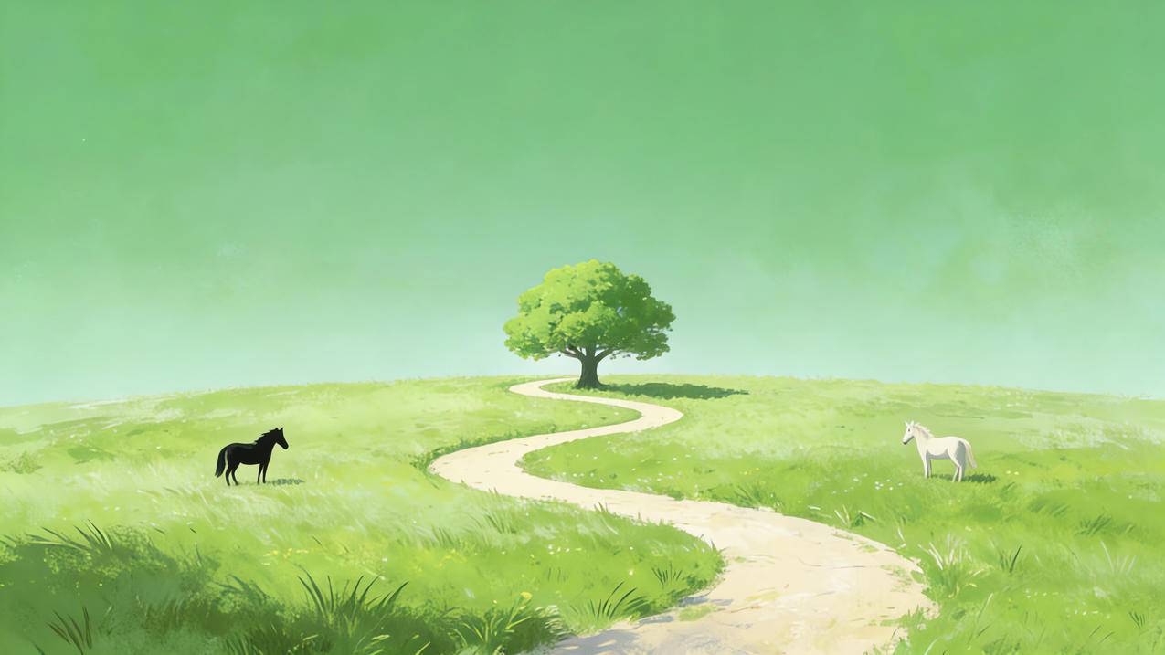 清新风景 绿草地 一棵树 马儿 4K壁纸