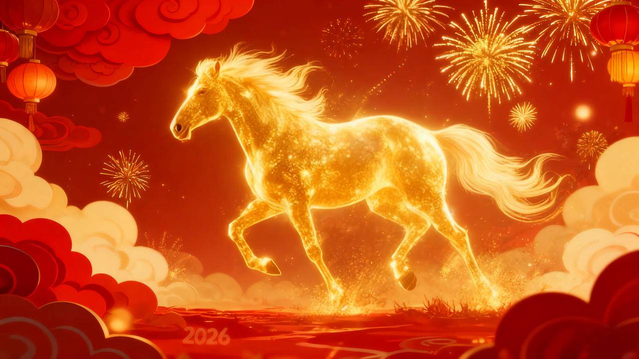 2026年马年图片 金色的马 红色喜庆背景 烟花 灯笼 祥云 4k壁纸
