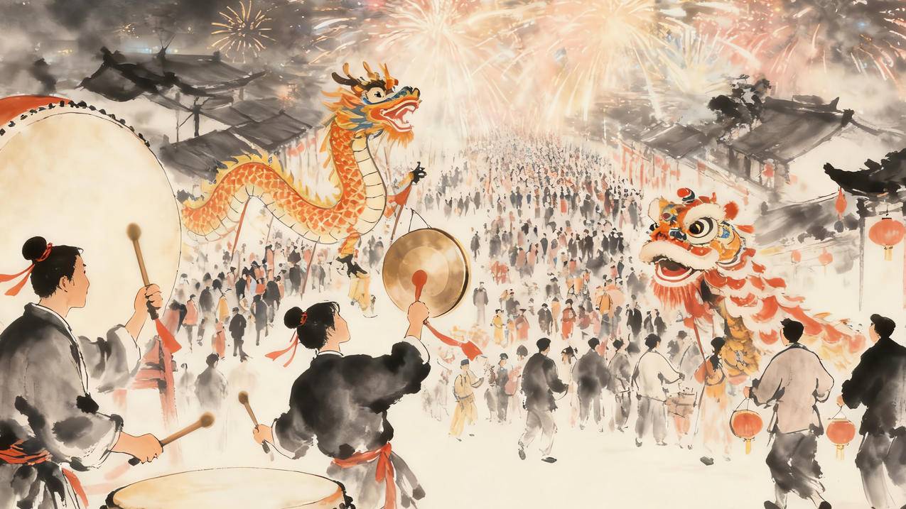2026新年 烟花 舞龙 舞狮 敲锣打鼓 水墨画喜庆节日4k壁纸