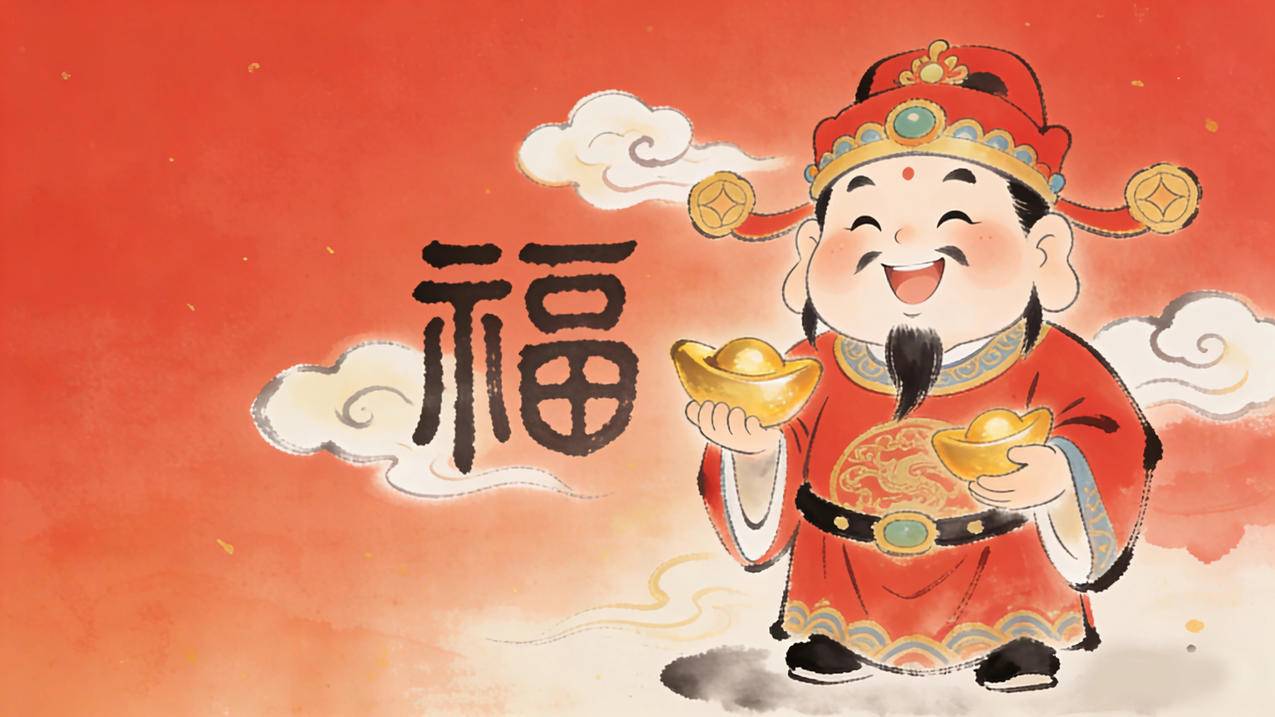 财神 元宝 福字 红色背景 水墨风 4K壁纸