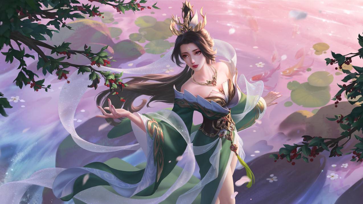 唯美仙女 树 鱼塘 鱼 荷花 古风美女5k高清壁纸